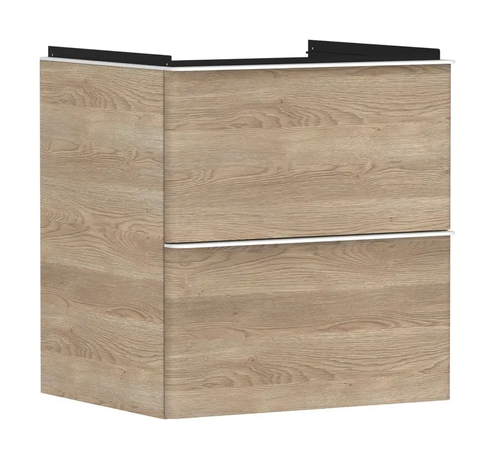 Waschtischunterschrank in Holzoptik von Hansgrohe mit zwei Schubkästen und schwarzem Oberschrank. Modernes Design, geeignet für Badezimmer.